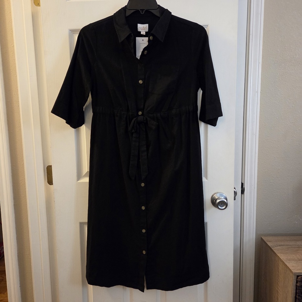 Isabel Maternity Black Elbow Slv Linen Blend Midi Shirtdress‎ Sz S NWT classic